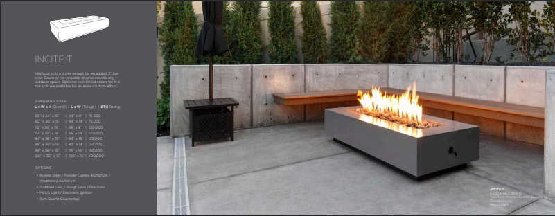Sleek rectangular Incite‑T concrete fire table with linear flame in contemporary patio setting