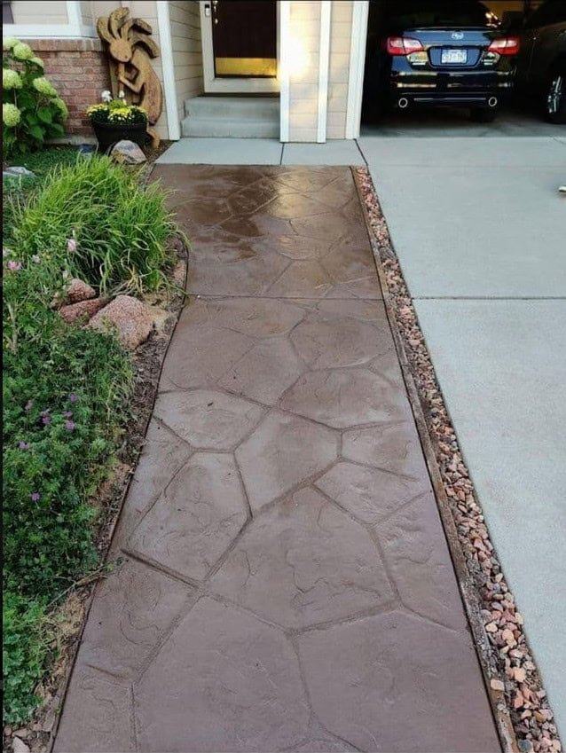 Wood plank stamped concrete path - modern backyard